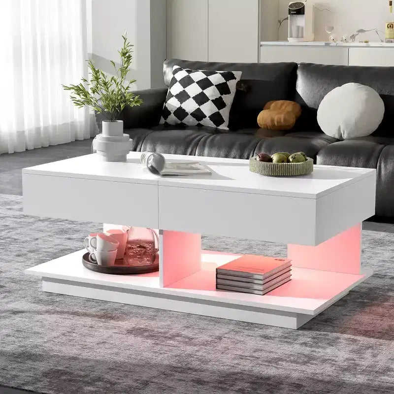 Table basse modulable avec espace de rangement dissimulé.