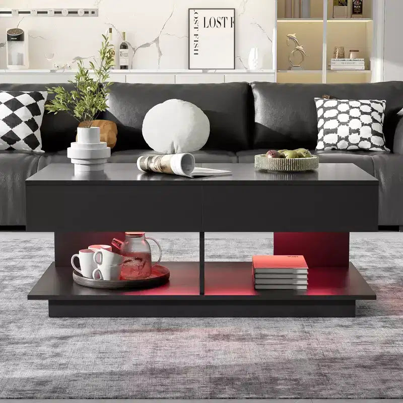 Table basse modulable avec espace de rangement dissimulé.