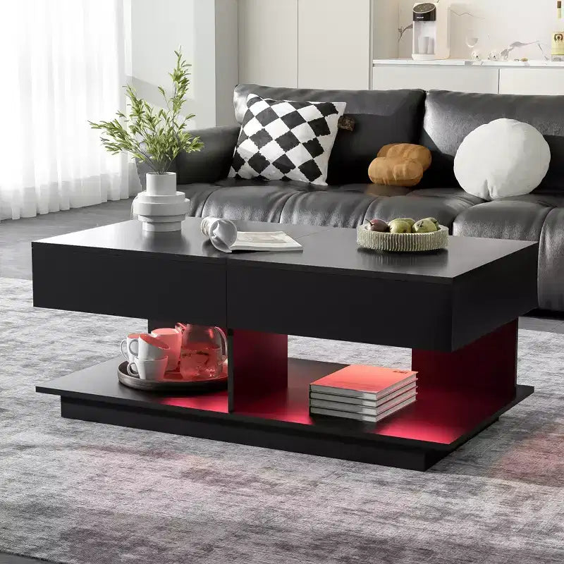 Table basse modulable avec espace de rangement dissimulé.