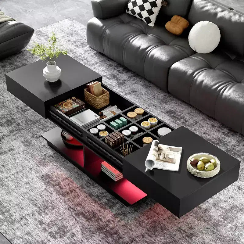Table basse modulable avec espace de rangement dissimulé.