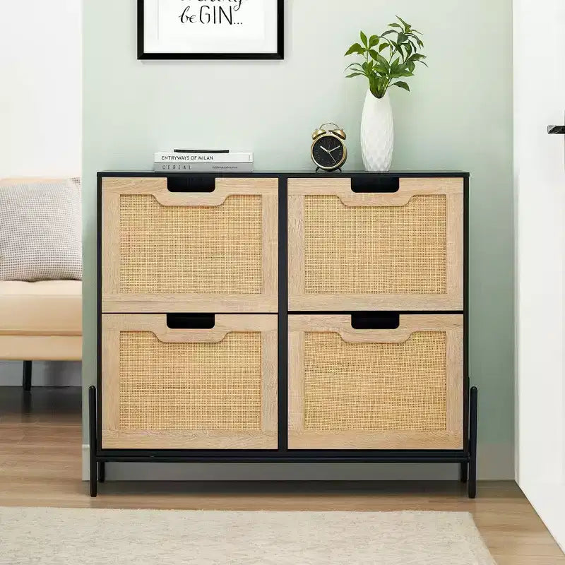 Rattan Shoe Cabinet Organizer for Entryway with 4 Doors; Adjustable Shelves;Holds 20 Pairs; Modern Storage Furniture; Spacious Storage Capacity