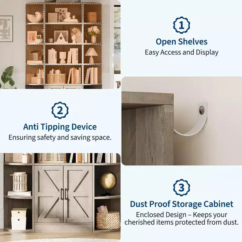 Présentoirs de bibliothèques et armoires de rangement avec portes et étagères ouvertes