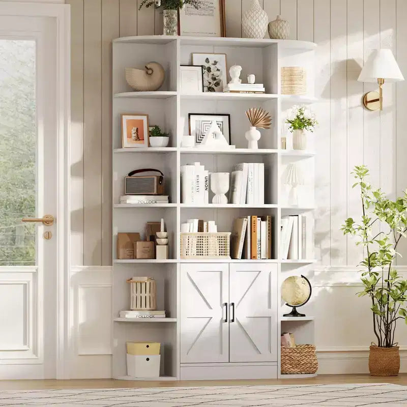 Présentoirs de bibliothèques et armoires de rangement avec portes et étagères ouvertes