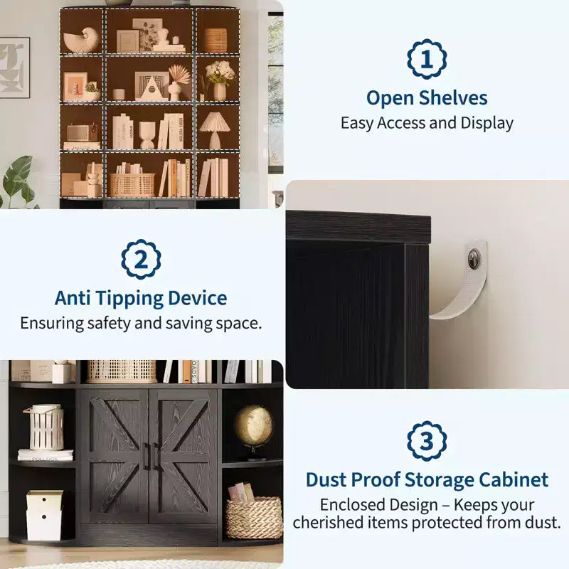 Présentoirs de bibliothèques et armoires de rangement avec portes et étagères ouvertes