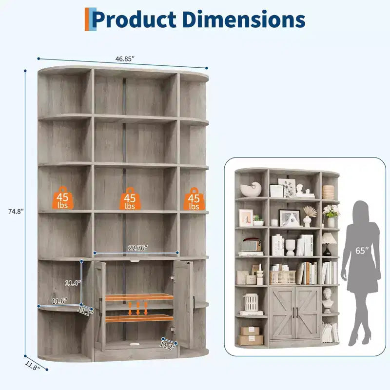 Présentoirs de bibliothèques et armoires de rangement avec portes et étagères ouvertes
