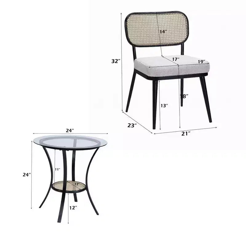 Side table and chairs; black table legs; glass tabletop