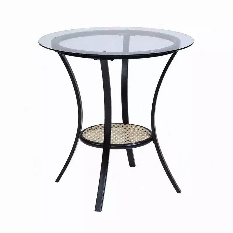 Table d'appoint et chaises ; pieds de table noirs ; plateau en verre