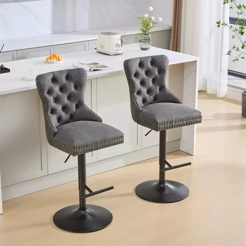 Set of 2 Bar Stools; Modern Upholstered Swivel Counter Stools with Tufted Backrest; Rivet Trim; and 26-33 inch Adjustable Height for Kitchen