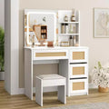 COZONY Rattan Makeup Vanity Desk with Mirror & Adjustable LED Light; Large Storage Vanity with 4 Drawers and 2-Tier Open Shelves for Bedroom; White