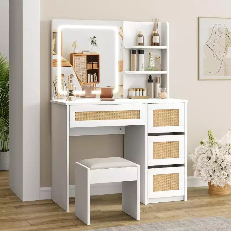 COZONY Rattan Makeup Vanity Desk with Mirror & Adjustable LED Light; Large Storage Vanity with 4 Drawers and 2-Tier Open Shelves for Bedroom; White