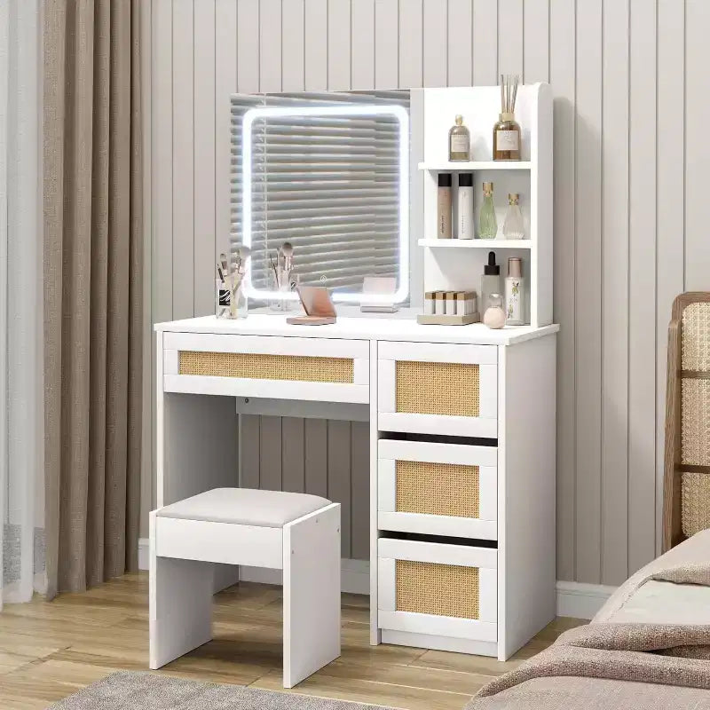 Coiffeuse en osier avec miroir et lumière LED réglable.