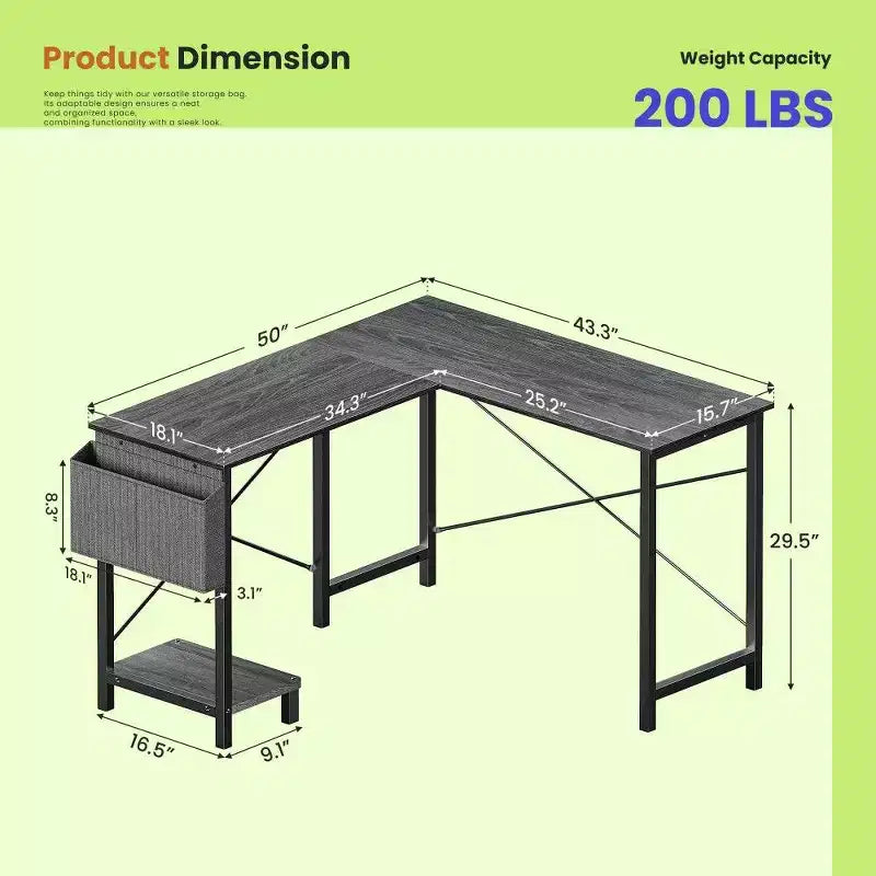 Table de jeu en L ; table d'angle à cadre métallique