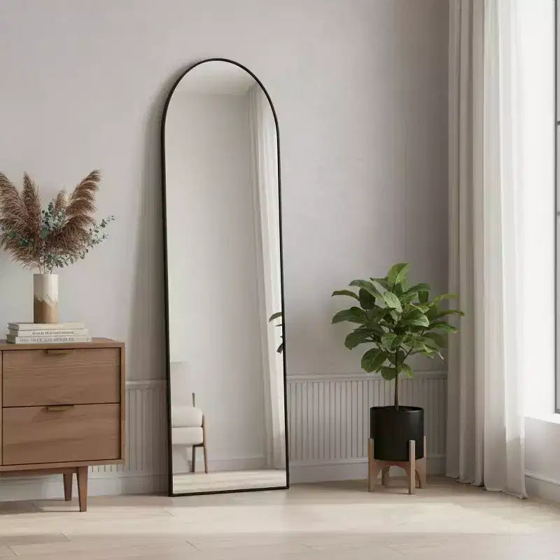 Miroir pleine longueur en alliage d'aluminium noir, avec arche, sur pied ou mural