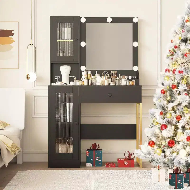 Modern Makeup Vanity Desk with Mirror; Charging Station; Ample Storage Drawers & Acrylic-Door Cabinets; Wooden Dressing Table for Bedroom