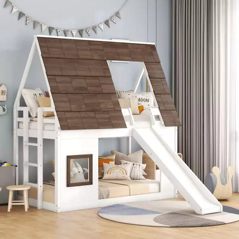 Twin Size Bunk Bed Playful Loft Bed Kids House Bed with Ladder; Slide & Roof; White & Brown - ModernLuxe