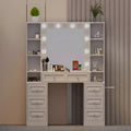 GDFStudio Fina Modern Mirror Vanity Table with Lights; Charging Station; 7 Drawers and Open Shelves