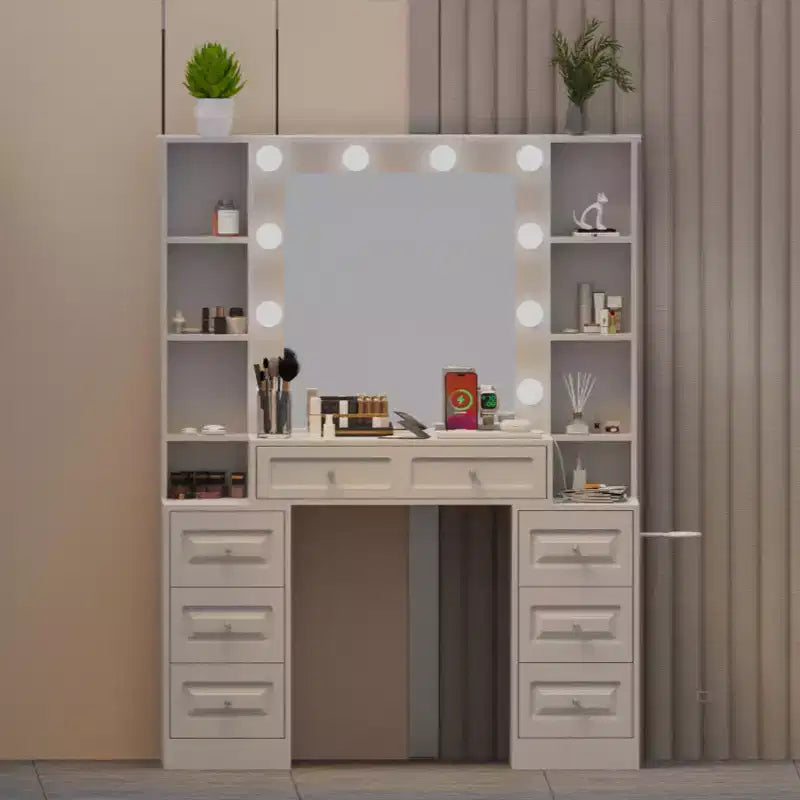 GDFStudio Fina Modern Mirror Vanity Table with Lights; Charging Station; 7 Drawers and Open Shelves