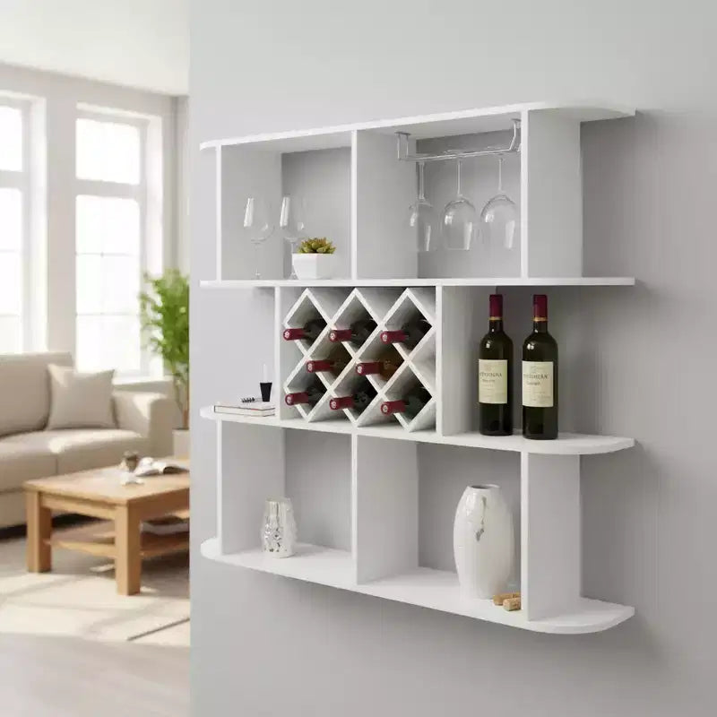 Grand casier à vin mural à trois niveaux avec rangement et présentoir pour bouteilles