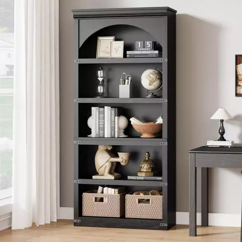 Farmhouse Arched Bookcase; 68.7 Tall Bookshelf w/Arche Design; Wooden Arch Bookshelf with Wooden Base; 5 Tier Bookshelves Rustic Vintage Book Shelf