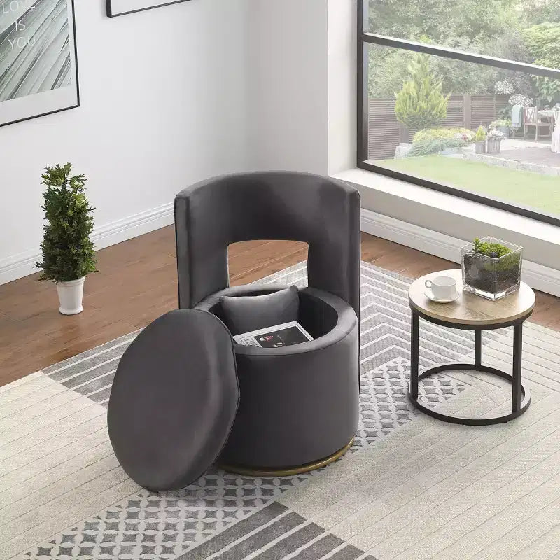 Fauteuil courbé en velours capitonné ; avec fonction de rangement