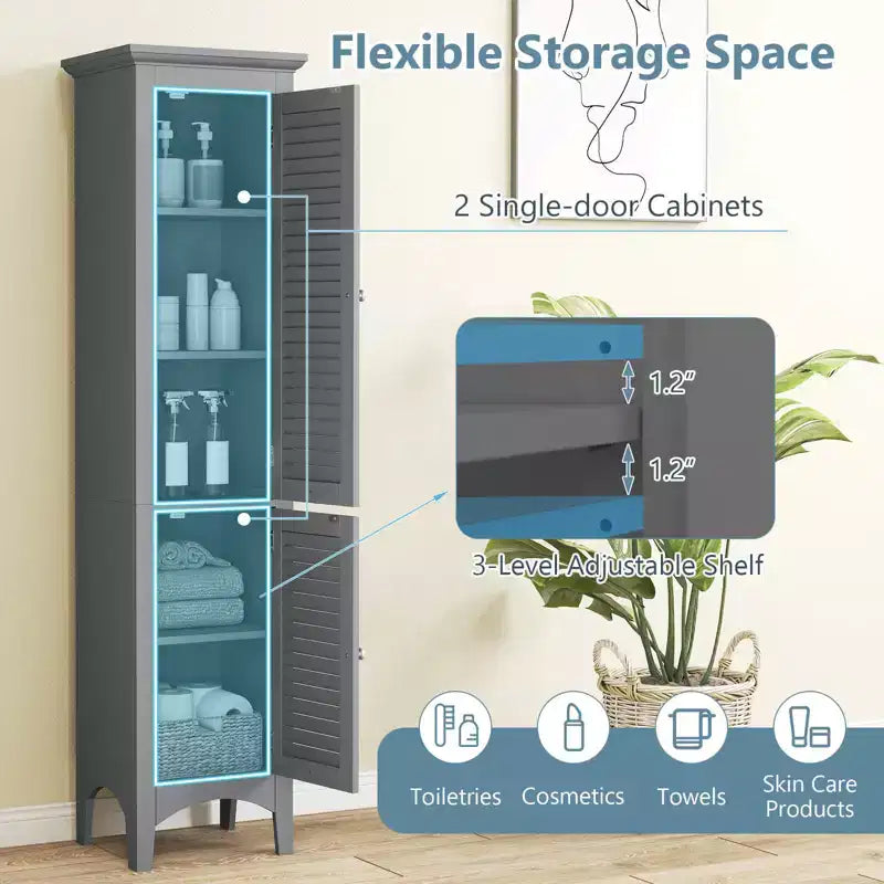 Meuble-lavabo de salle de bain avec deux portes persiennes et des étagères réglables.