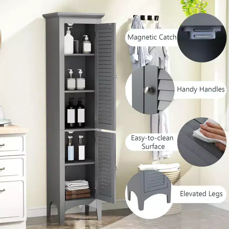 Meuble-lavabo de salle de bain avec deux portes persiennes et des étagères réglables.