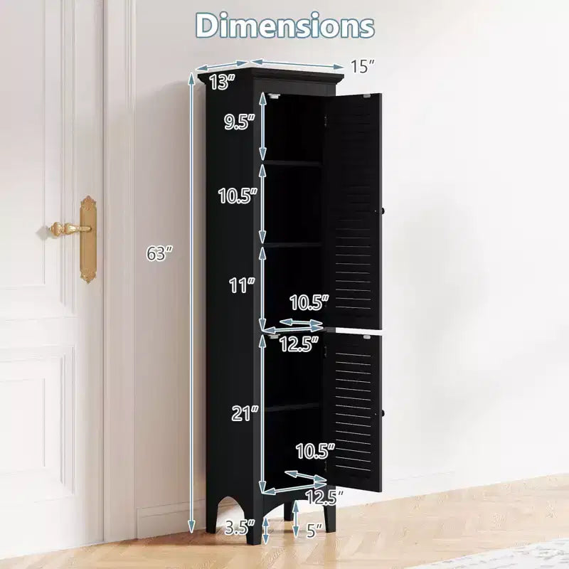 Meuble-lavabo de salle de bain avec deux portes persiennes et des étagères réglables.