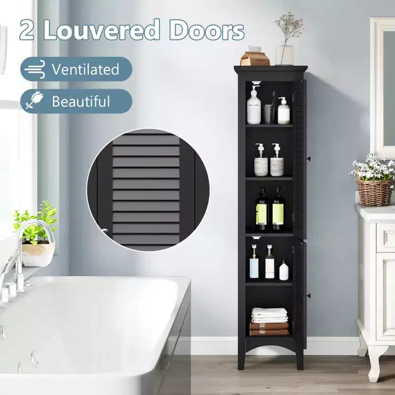Meuble-lavabo de salle de bain avec deux portes persiennes et des étagères réglables.
