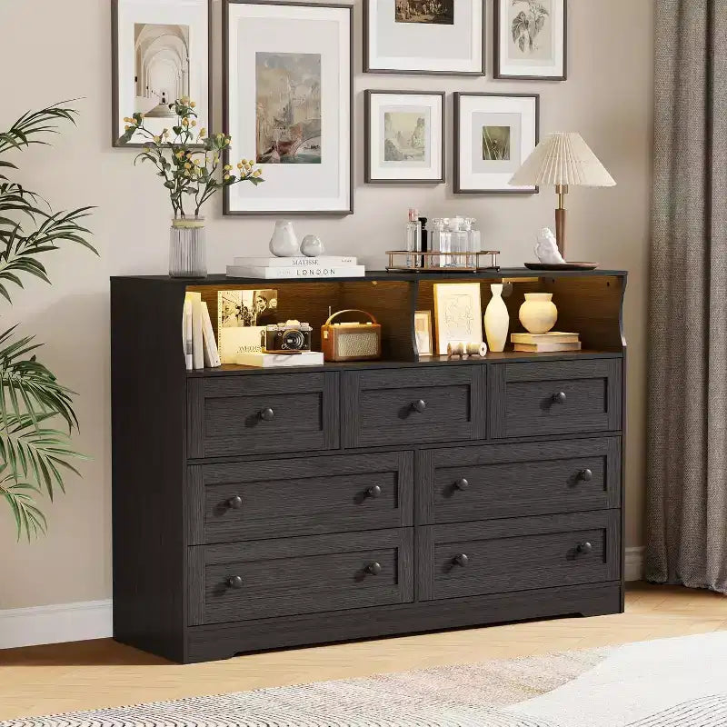 Acekool 7-Drawer Dresser with Charging Station; Modern Chest with Open Compartments; App Lighting; Storage Organizer for Bedroom & Closet