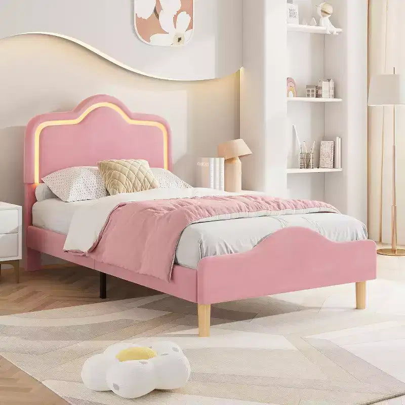 Twin Size Bed Frame withHeadboard and Footboard; Velvet Upholstered Princess Platform Bedframe for Kids/Girls; Pink