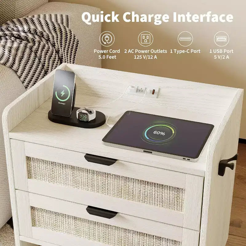 Two rattan bedside tables; a bedside table with two storage drawers.