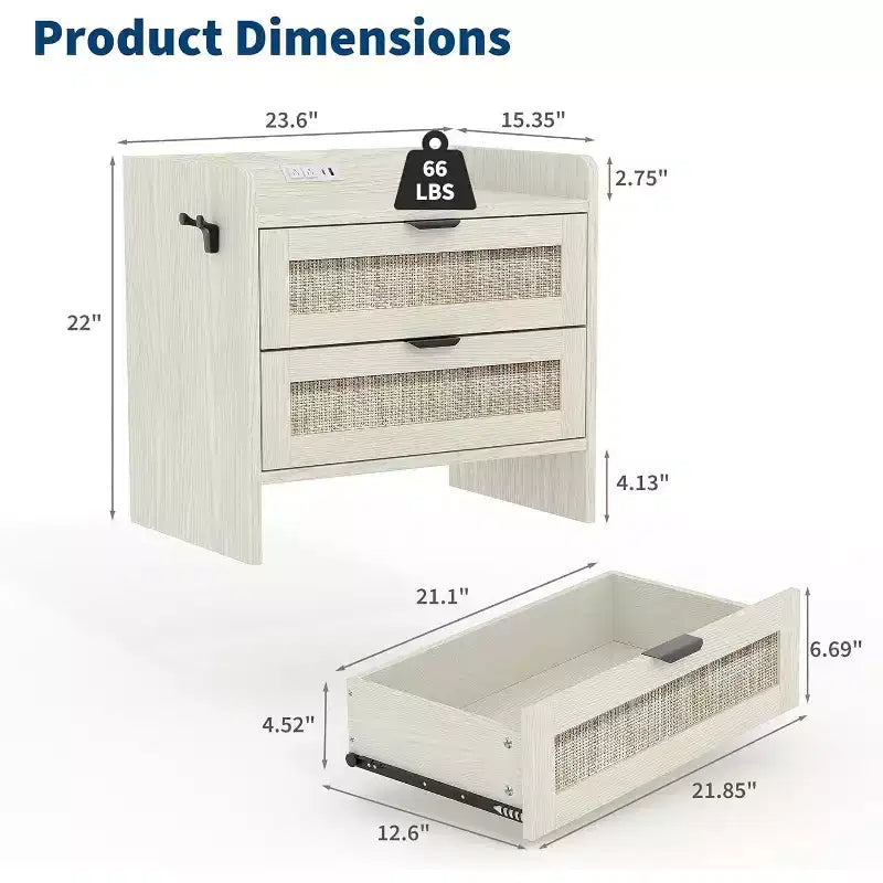 Two rattan bedside tables; a bedside table with two storage drawers.