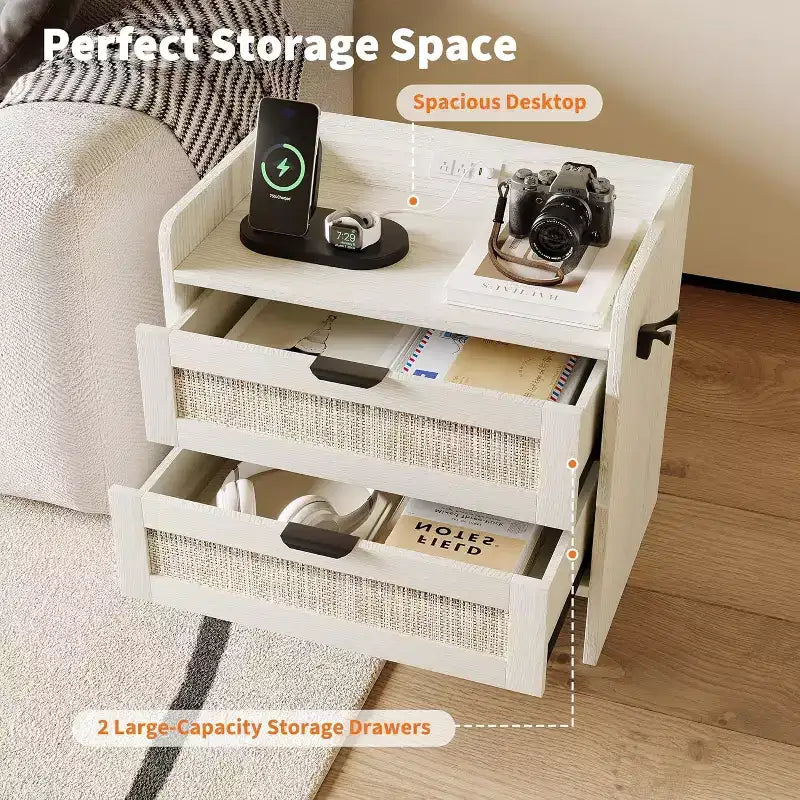Two rattan bedside tables; a bedside table with two storage drawers.