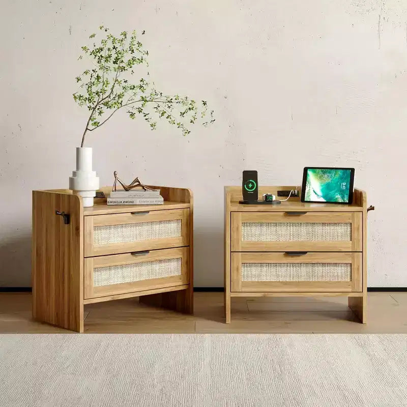 Two rattan bedside tables; a bedside table with two storage drawers.