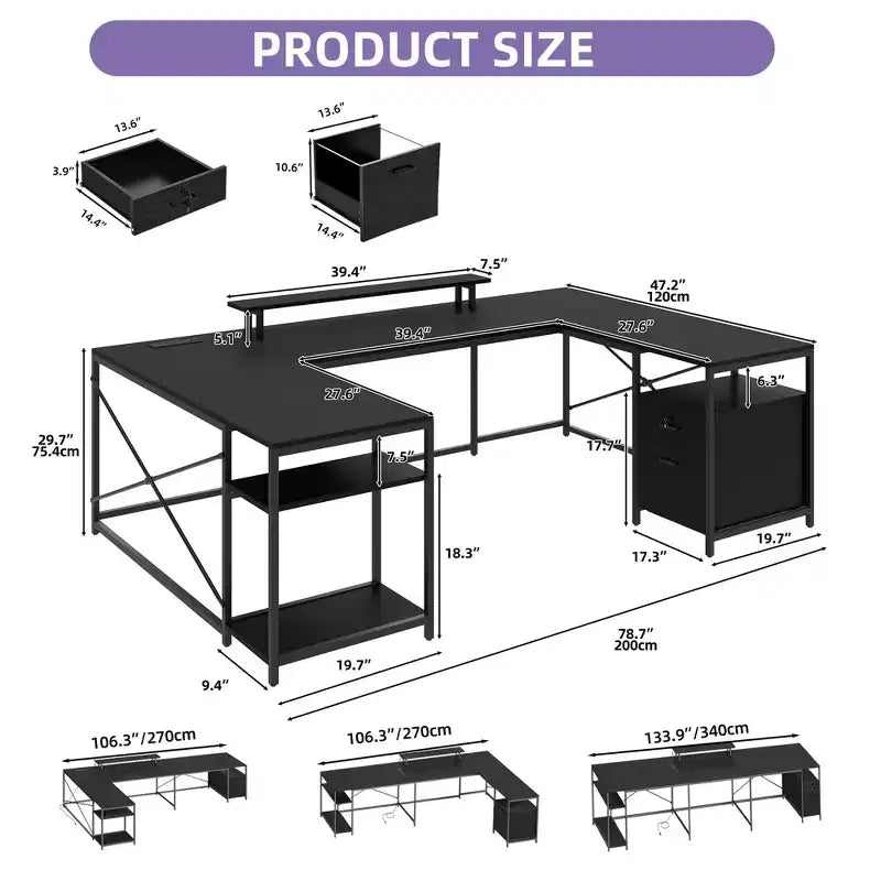 Bureau en U avec support d'écran et étagère de rangement