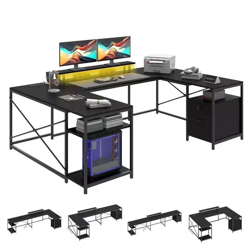 Bureau en U avec support d'écran et étagère de rangement