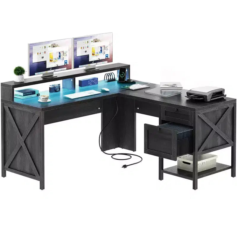 Bureau d'angle avec station de charge et tiroirs de classement