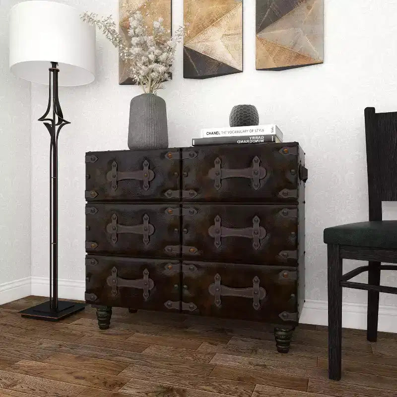 Commode traditionnelle à six tiroirs en similicuir noir à cinq tiroirs