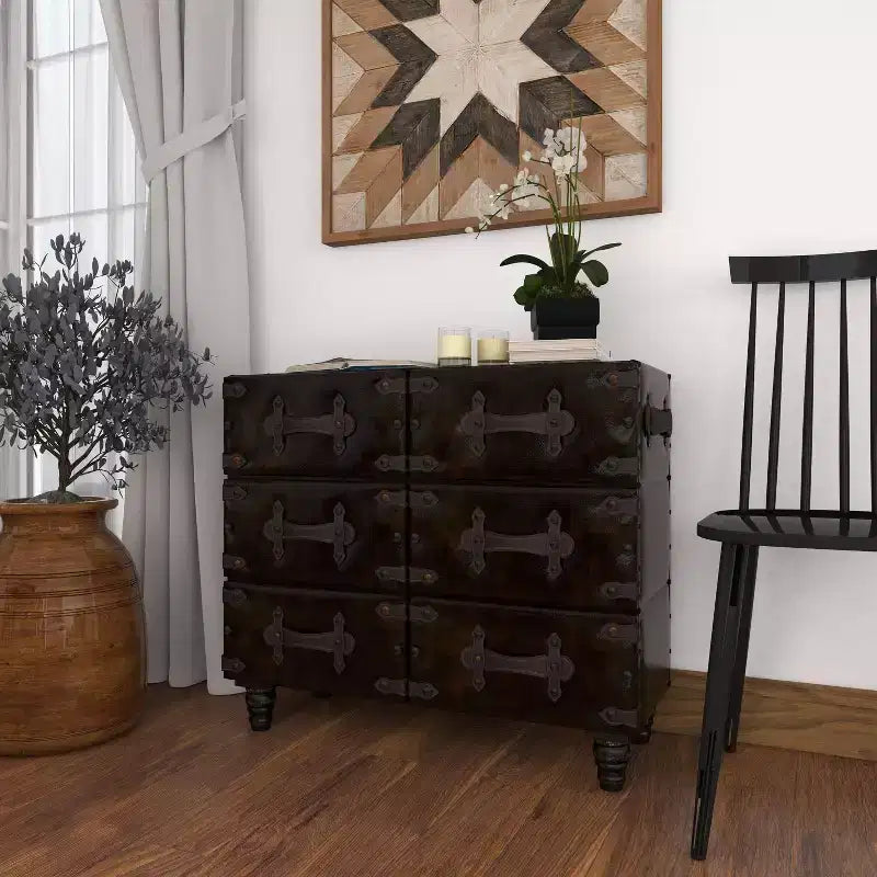 Commode traditionnelle à six tiroirs en similicuir noir à cinq tiroirs
