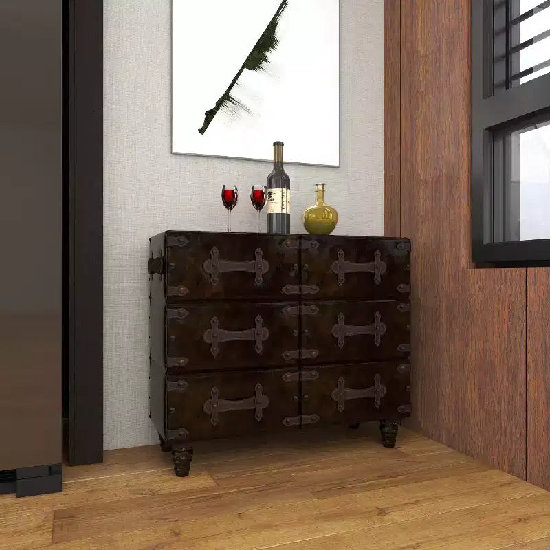 Commode traditionnelle à six tiroirs en similicuir noir à cinq tiroirs