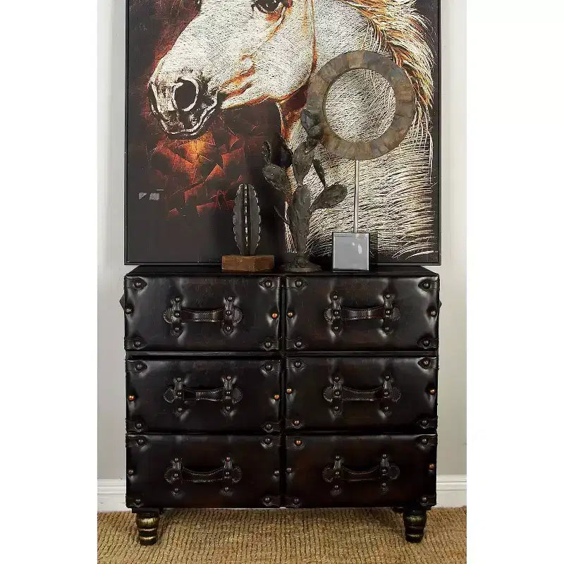 Commode traditionnelle à six tiroirs en similicuir noir à cinq tiroirs