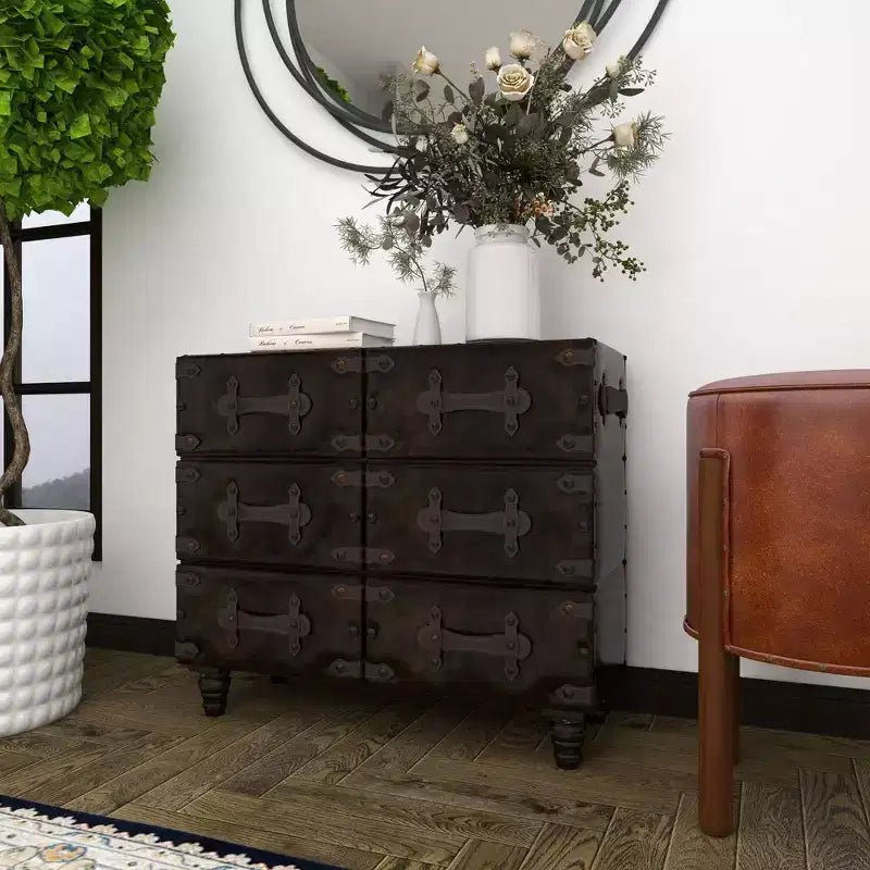 Commode traditionnelle à six tiroirs en similicuir noir à cinq tiroirs