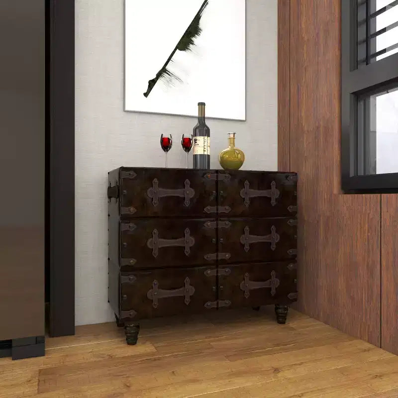 Commode traditionnelle à six tiroirs en similicuir noir à cinq tiroirs