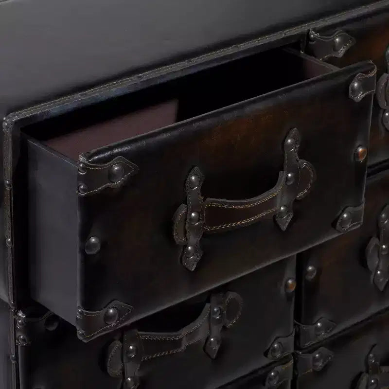 Commode traditionnelle à six tiroirs en similicuir noir à cinq tiroirs