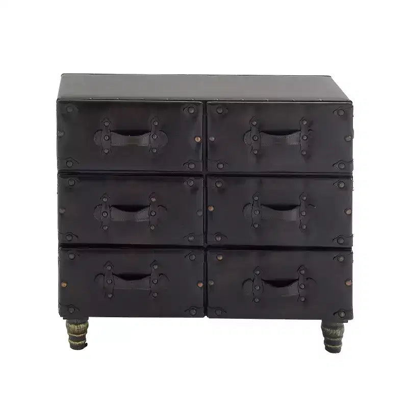 Commode traditionnelle à six tiroirs en similicuir noir à cinq tiroirs