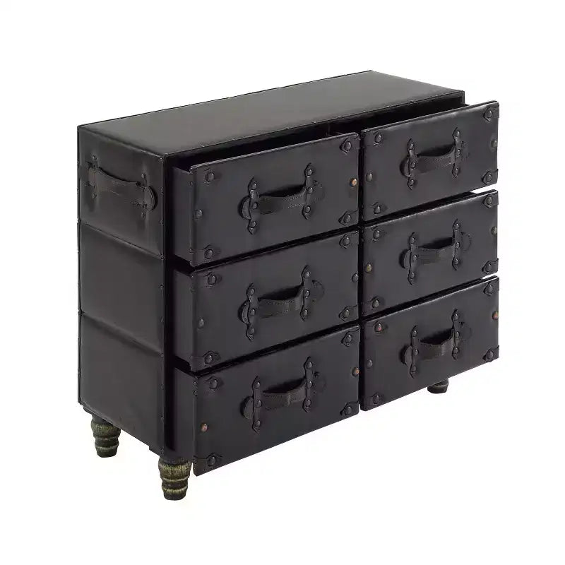 Commode traditionnelle à six tiroirs en similicuir noir à cinq tiroirs