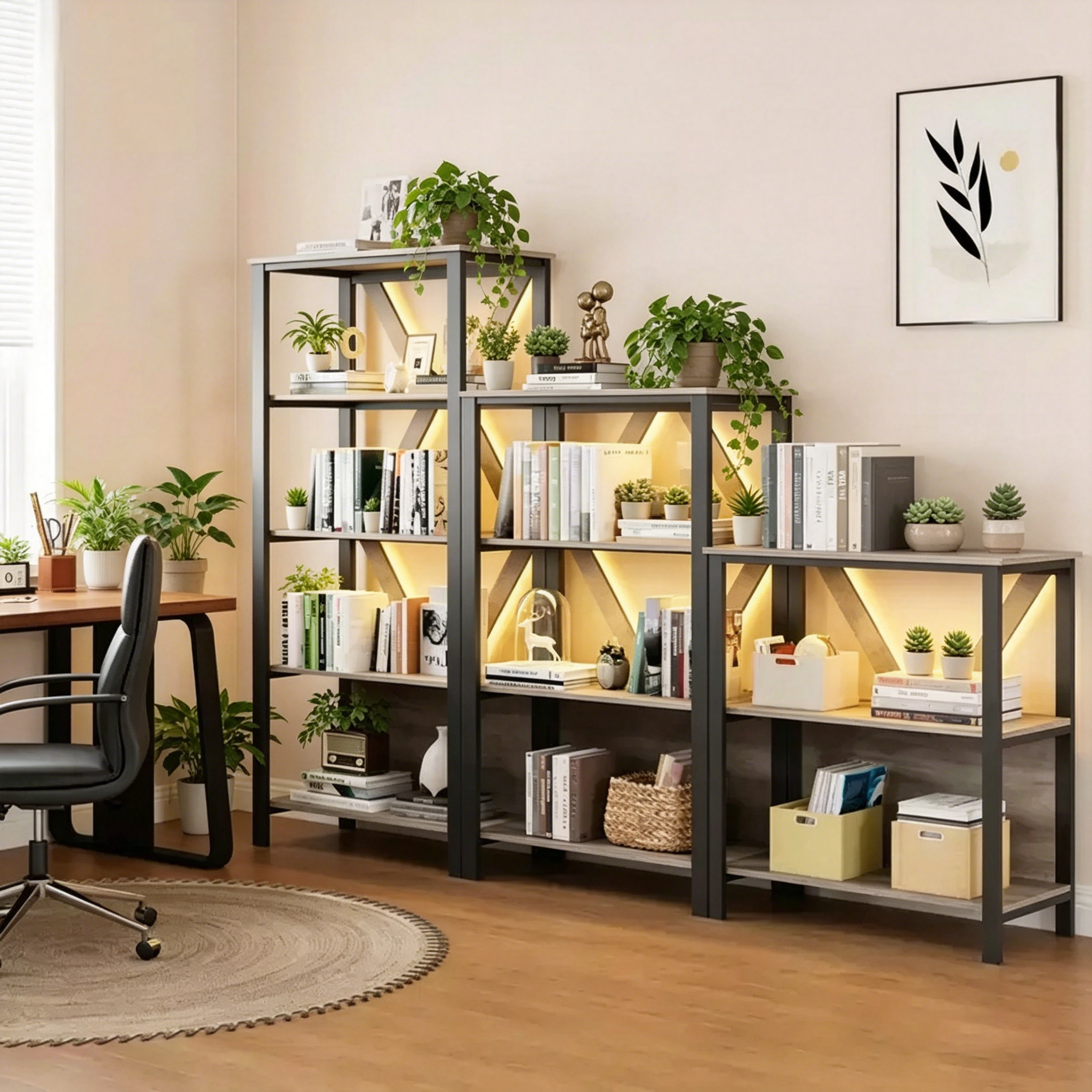 Three-tier bookshelf with lights - wooden and metal open display bookcase