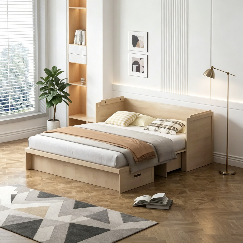 Lit escamotable queen-size avec station de recharge et tiroirs de rangement