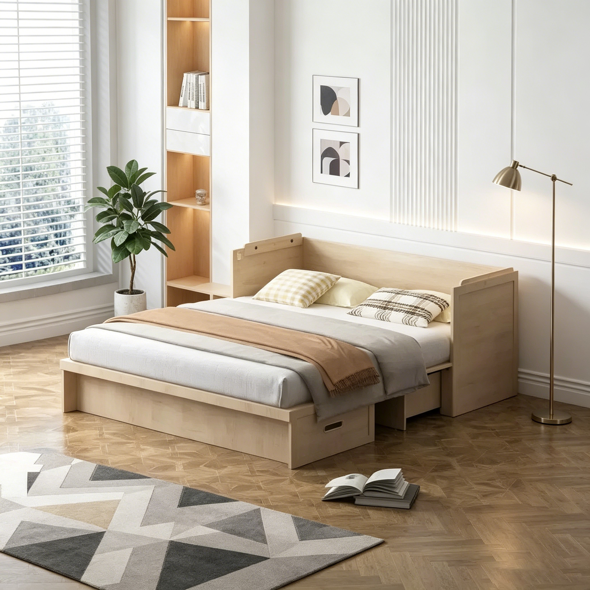 Queen-size Murphy bed with charging station and storage drawers
