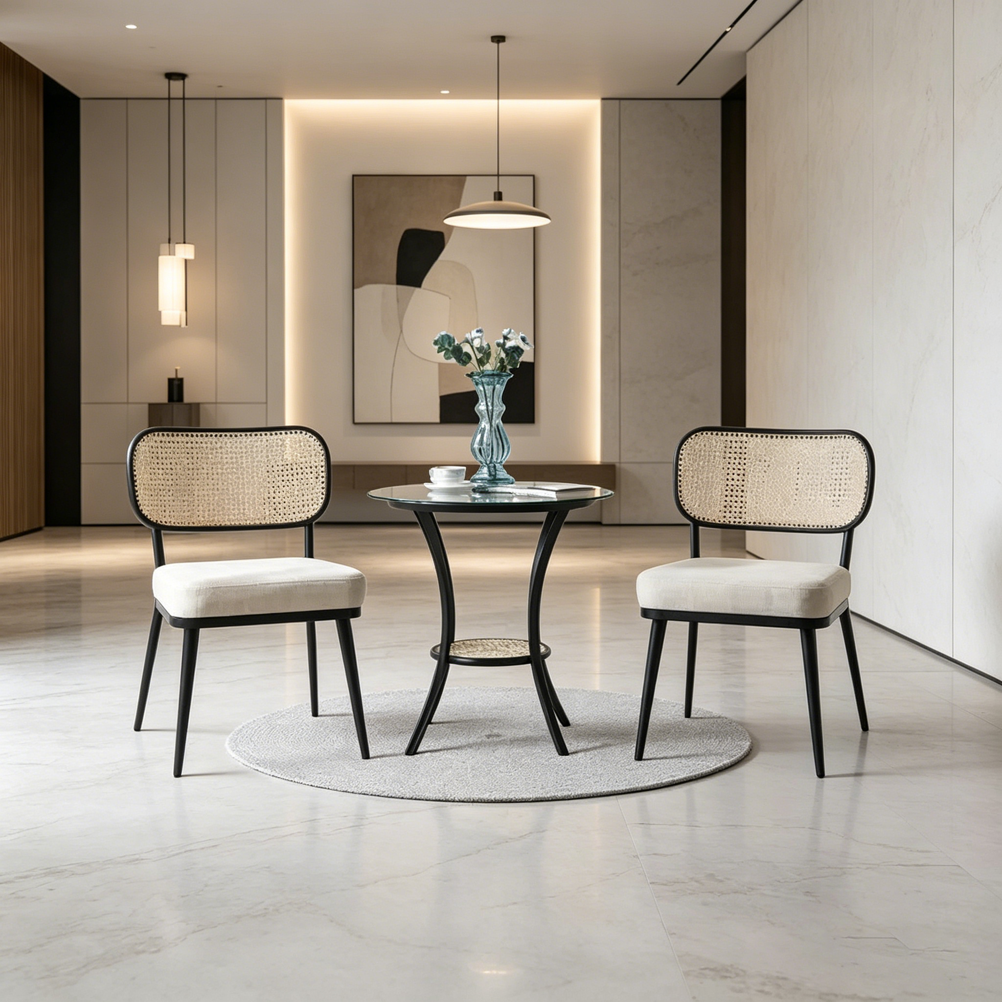 Side table and chairs; black table legs; glass tabletop